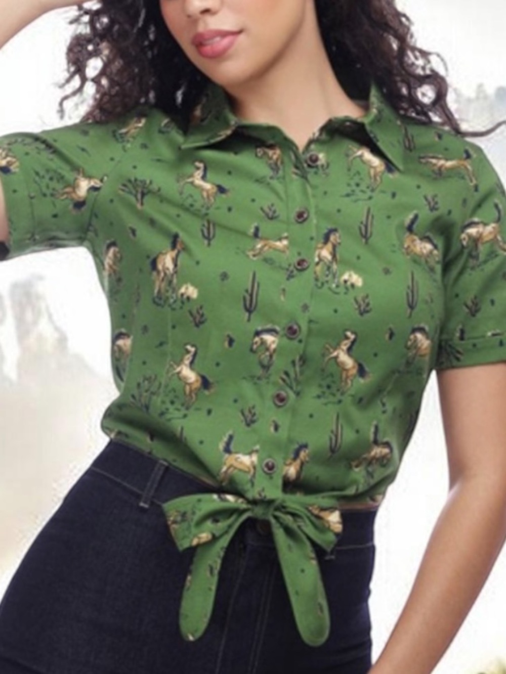 Collectif London Green Horse Print Tie Front Blouse XS UK 8 Western Rockabilly